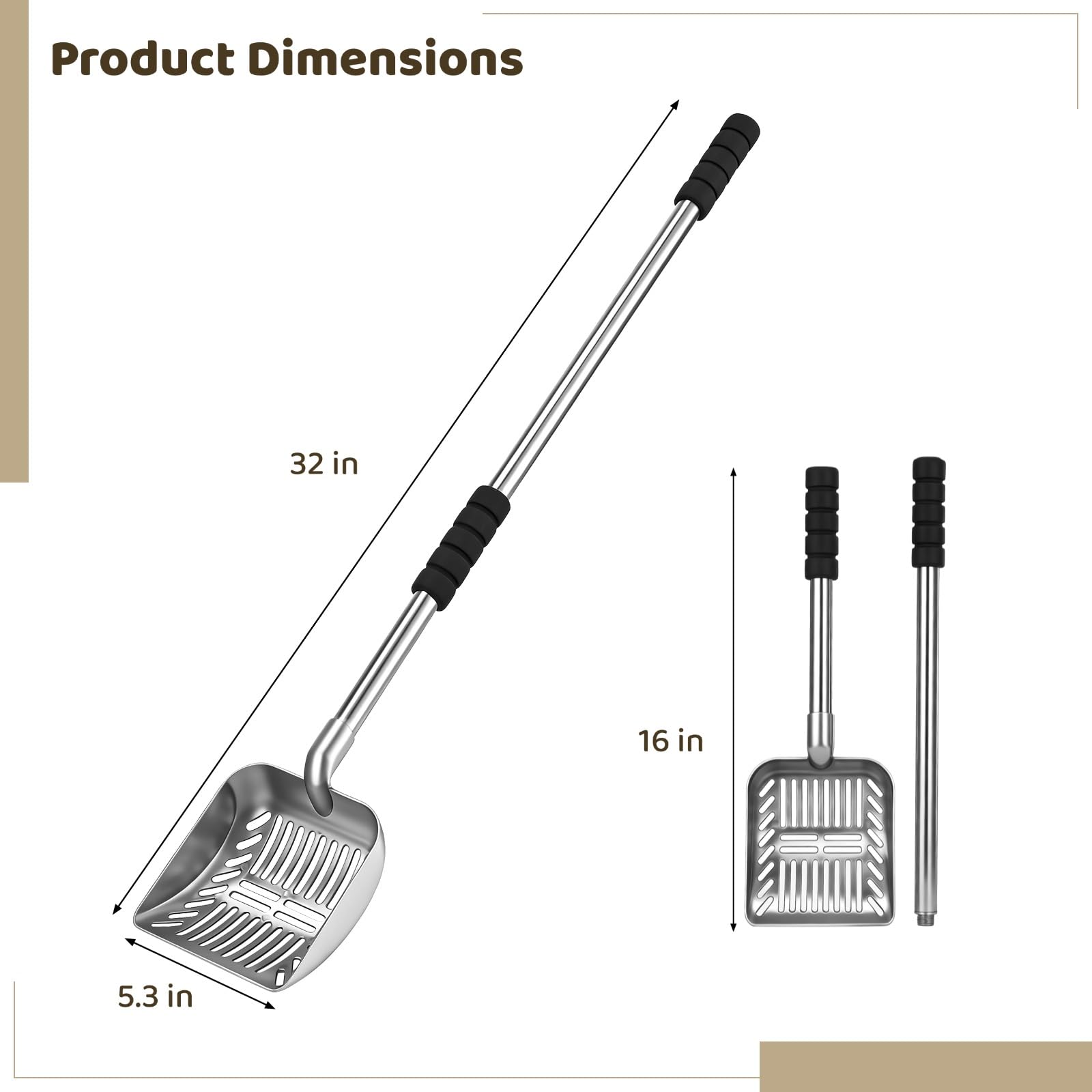 Paletta in metallo per lettiera per gatti con manico lungo 81,3 cm, setaccio a rete stretta da 0,6 cm, resistente paletta per rifiuti di animali domestici con impugnatura in schiuma, design staccabile