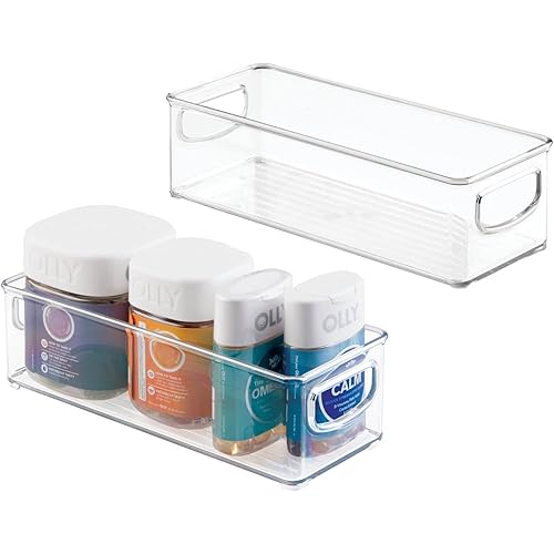 mDesign Small Plastic Bathroom Storage Container Bins with Handles for Organization in Closet, Cabinet, Vanity or Cupboard Shelf, Accessory Organizer for Hair Tools - Ligne Collection - 2 Pack - Clear