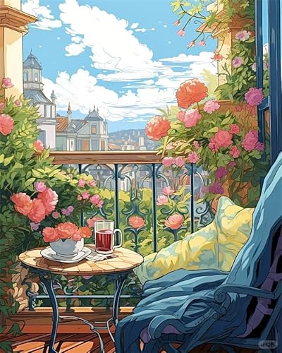 Wallphantom Diy Cross Stitch 11Ct Embroidery Kits,Coffee Table On The Balcony,Needlework Craft Set Printed Canvas Cotton Thread Home Decoration For Wall,16X20in