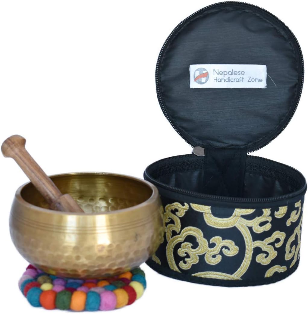 Meditation Yoga Singing Bowl Set With Mallet, Cushion & Brocade Bag - For Meditation, Chakra Healing, Prayer,Yoga, and Mindfulness by Nepalese Handicraft Zone (4 Inch Multicolor)
