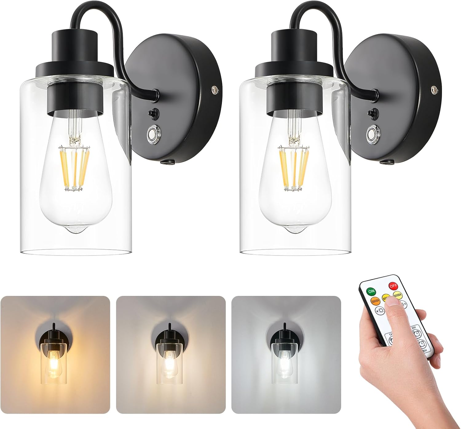 Battery Operated Wall Sconce Set of 2 Black LED Wall Lights with Remote Control, Included 3-Color Temperature Bulb, Dimmable Indoor Cordless Wall Lamp for Bedroom, Hallway