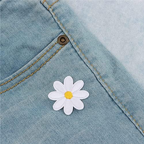 MORJCG 25 Pcs Iron on Patches, Patches for Clothing, Sew White Yellow Daisy Flower Applique Cloth, DIY Jacket Hoodie T-Shirt Hat Dress