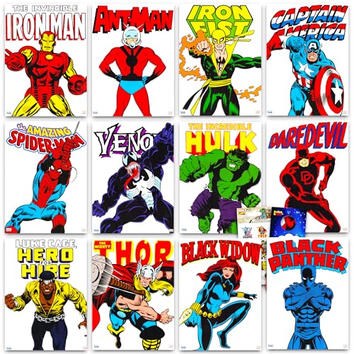 Marvel Comic Book Poster Book Set - Bundle with 12 Avengers Comic Book Superhero Posters Featuring Spiderman, Captain America, More | Comic Book Room Decor for Kids, Teens, Adults