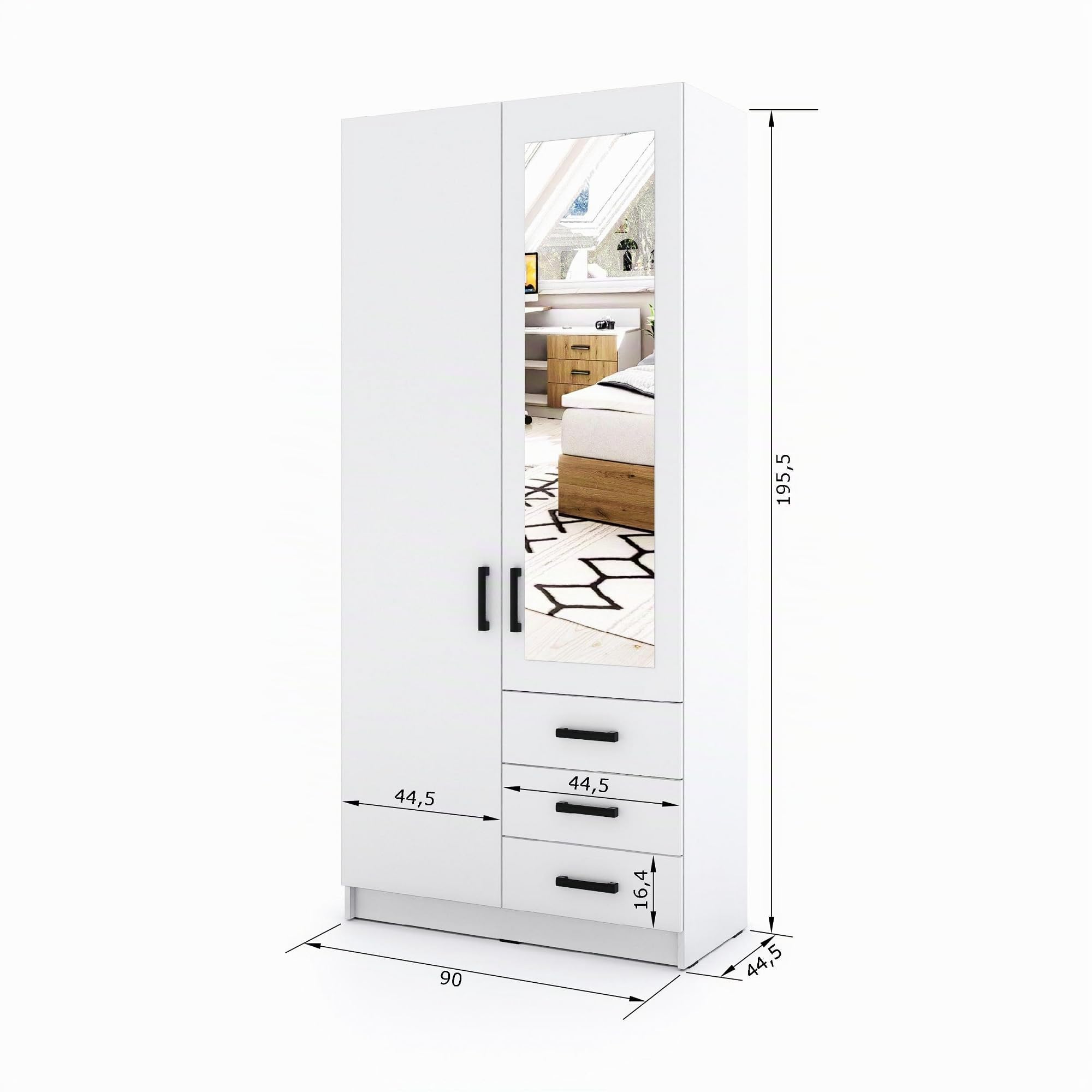 Kleiderschrank Sigma 90 cm breit mit Spiegel 2 Drehtüren und 3 Schubladen Korpus in Weiß Matt Schlafzimmerschrank Kinderzimmerschrank (Türen-Weiß, Schubladen-Weiß)