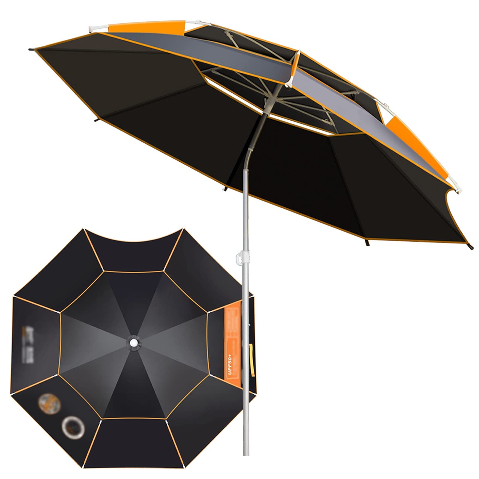 LIGUOYI Zewnętrzny parasol wędkarski parasol wędkarski, 18 m, okrągły przechylany UPF50+, przenośny parasol plażowy z kotwicą piaskową i torbą do przenoszenia, schronienie parasolowe ze stali nierdzewnej, Piasek, 200cm(6.5Ft)
