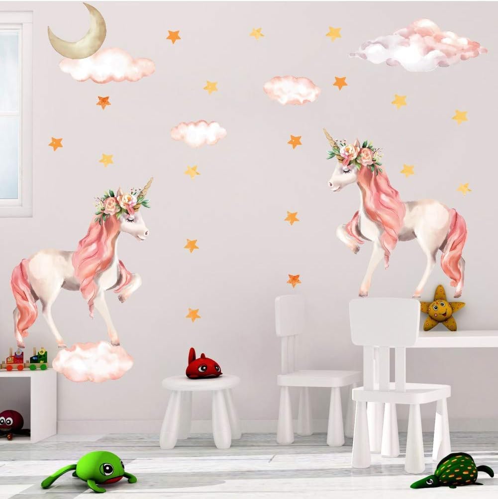 SaYaLa Pack of 2 Unicorn Wall Stickers for Baby Bedroom Home Decor - Unicorn&Flowers Wall Stickers - Baby Playroom Decals - Nursery Wall Art Decor for Girl's Bedroom