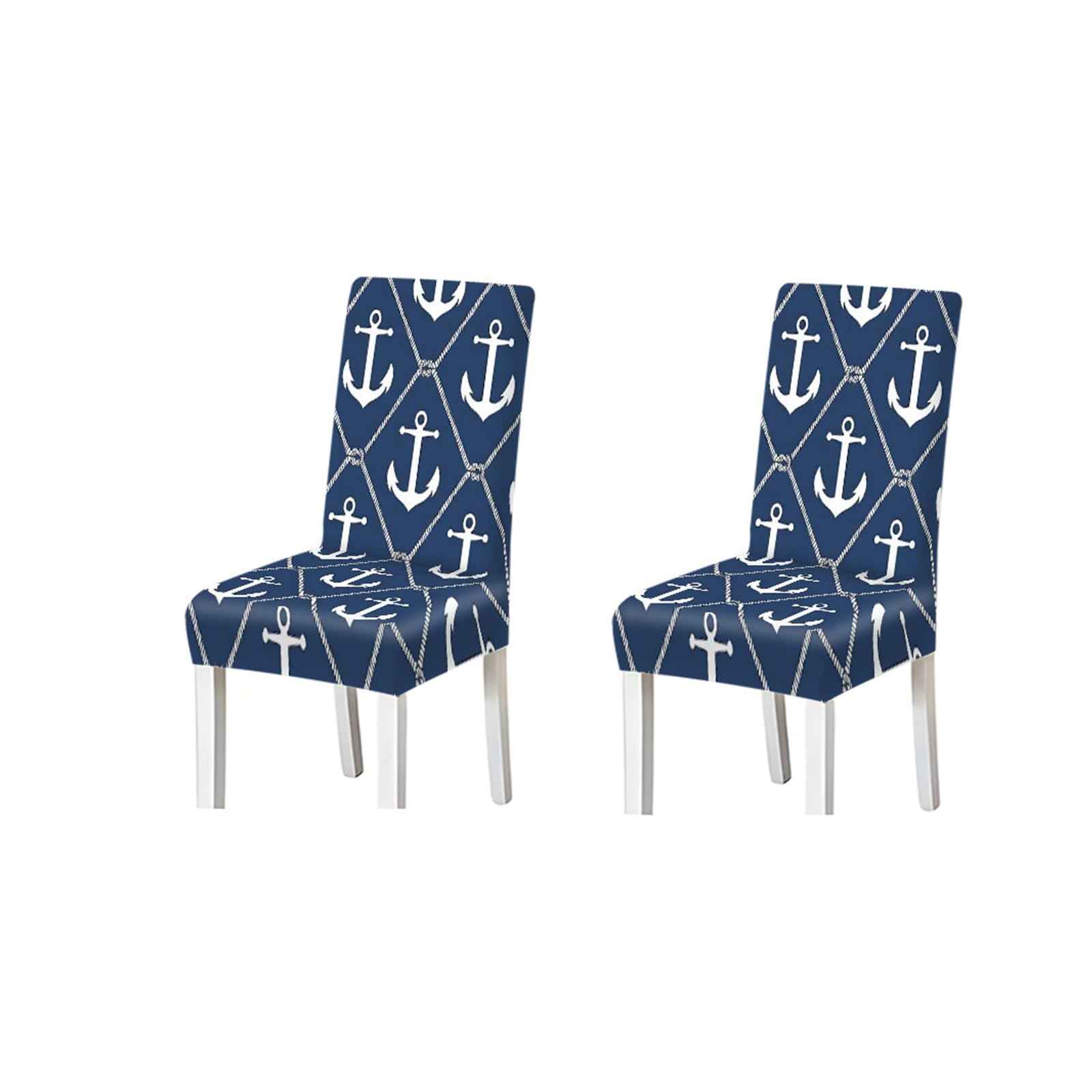 Navy Anchor Chair Covers Set Of 2/4/6, Nautical Stretch Dining Chair Slipcovers With Rope Print Removable Stretch Slipcovers for Dining Chairs(2PCS Chair cover)