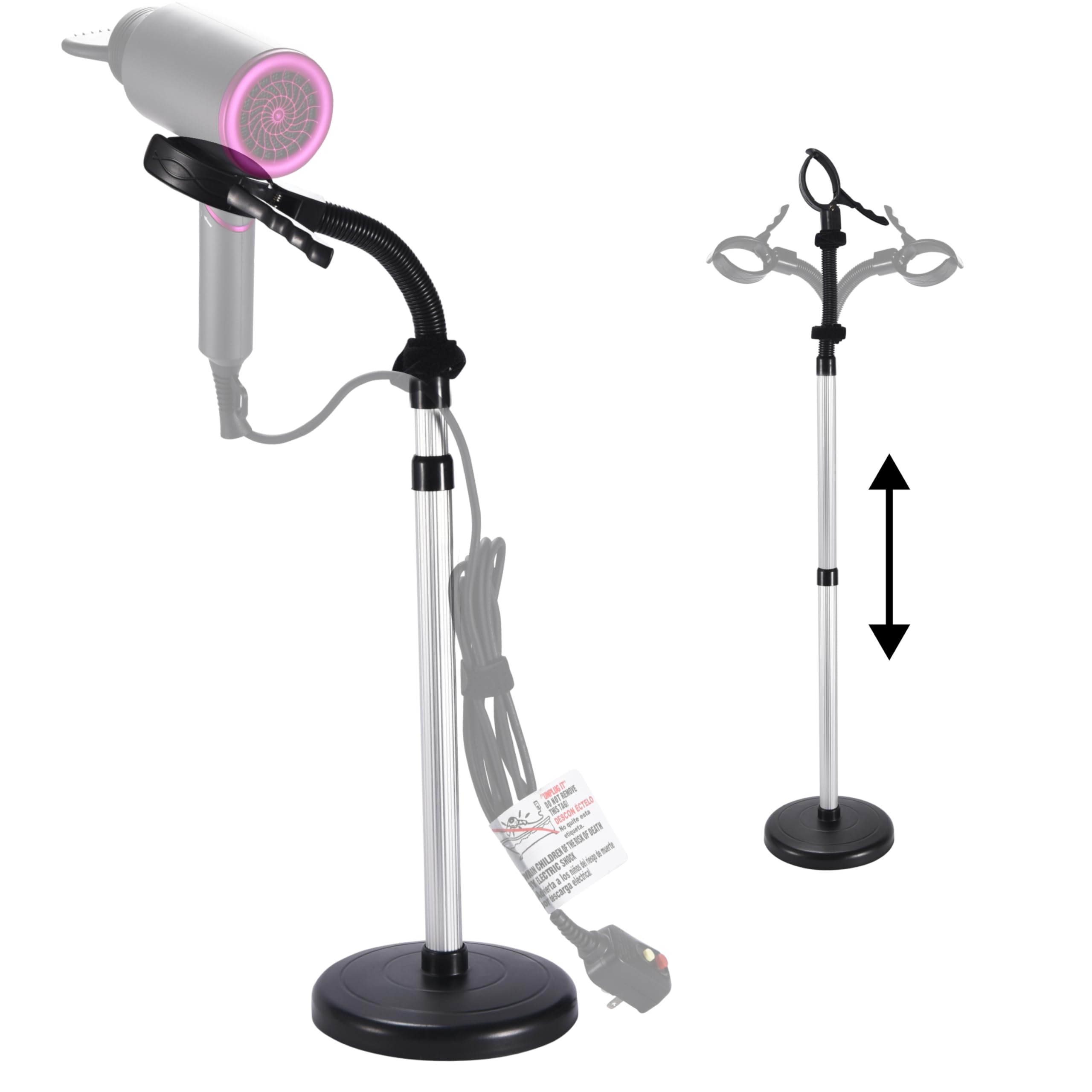 Bamodi Hair Dryer Holder Black - Hands-Free Hair Drying Metal Stand with 360° Rotation, Adjustable Height - Countertop or Wall Mount - Stylish and