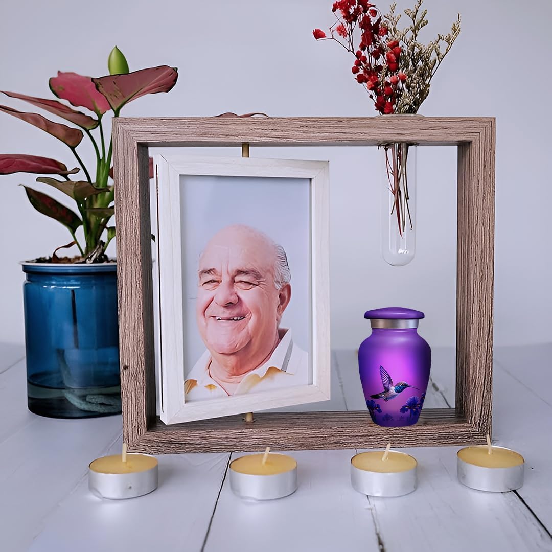 Purple Hummingbird Small Urns for Human Ashes Keepsake – Decorative Cremation Mini Urn for Ashes for Adult Male & Female Set of 4 with Velvet Bag