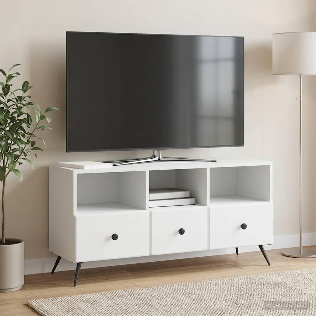 Mobile TV con cassetti, in legno bianco, 102 x 34,5 x 50 cm, credenza per soggiorno, camera da letto, con gestione dei cavi e ripiano versatile per gaming, angolo e stoccaggio