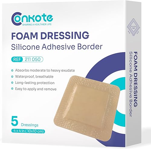 Conkote Apósitos de espuma de silicona de 4 x 4 pulgadas, vendajes grandes para úlceras de decúbito, cuidado de heridas, caja de 5 apósitos