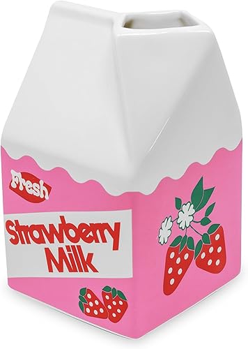 ban.do Mini jarrón decorativo de cerámica inspirado en el cartón vintage, acento único para el hogarcocinaoficina, leche de fresa