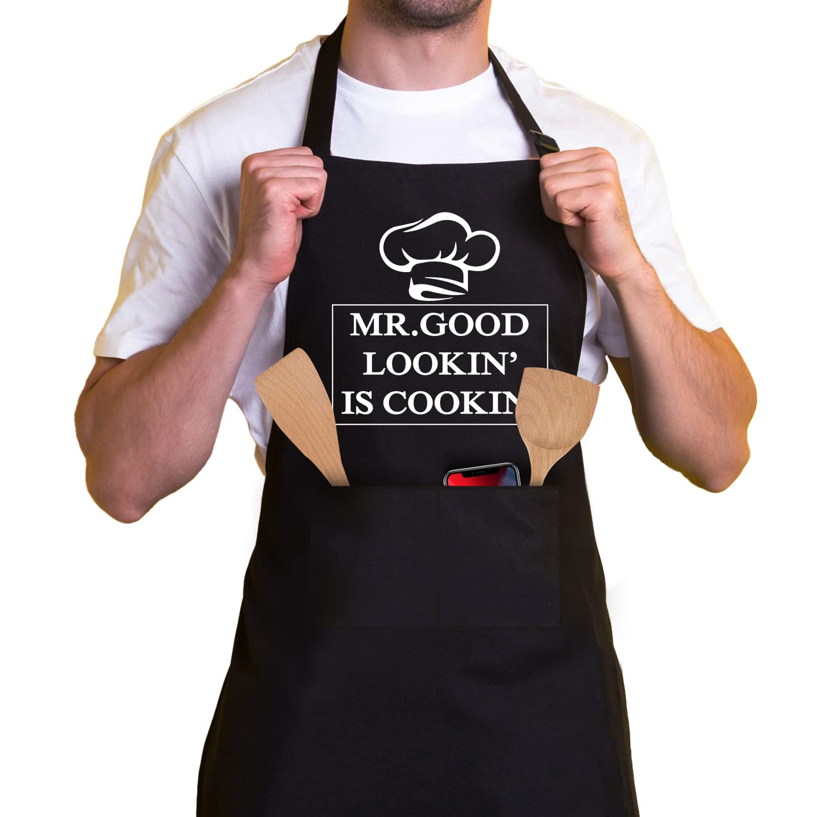 zcyhtqp Mr.Good Lookin' is Cookin',Funny Apron for Men with 2 pockets,One Size Fits All,Adjustable Chef Apron,Cooking Grilling BBQ Apron,Barbecue Party Gift,Dad Gifts, Gifts for Men，Gift For Chef