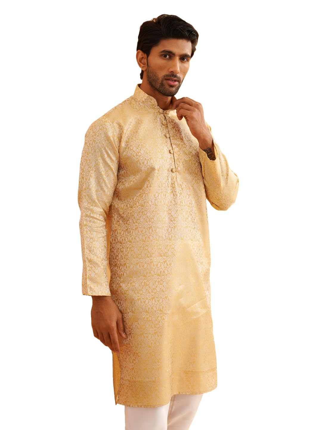 Sojanya (Since 1958 Men's Silk Blend Beige Color Paisley Design Only Long Kurta