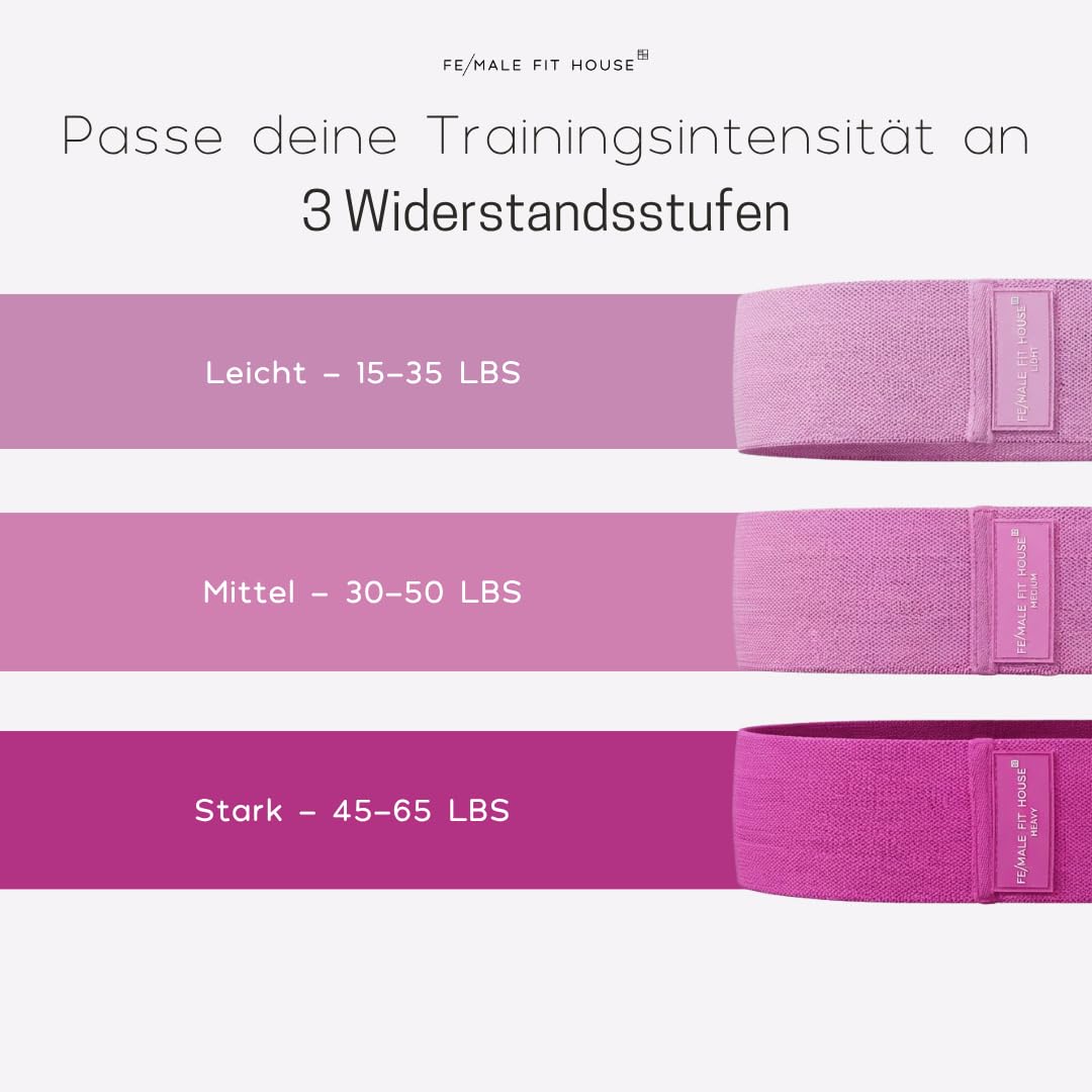 Stoffbänder Set – 3 Widerstandsstufen Fitnessbänder Damen – rutschfeste Booty Bands für Po-Training, Gesäß, Pilates & Heimtraining – inkl. Tragetasche
