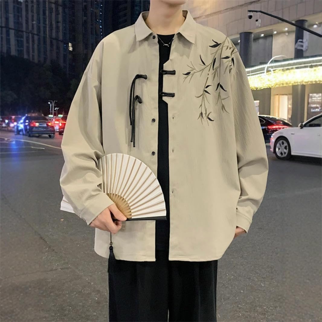 SOFTPEAK Men's Spring Autumn Chinese Style Embroidered Long Sleeve Shirt Ancient Style