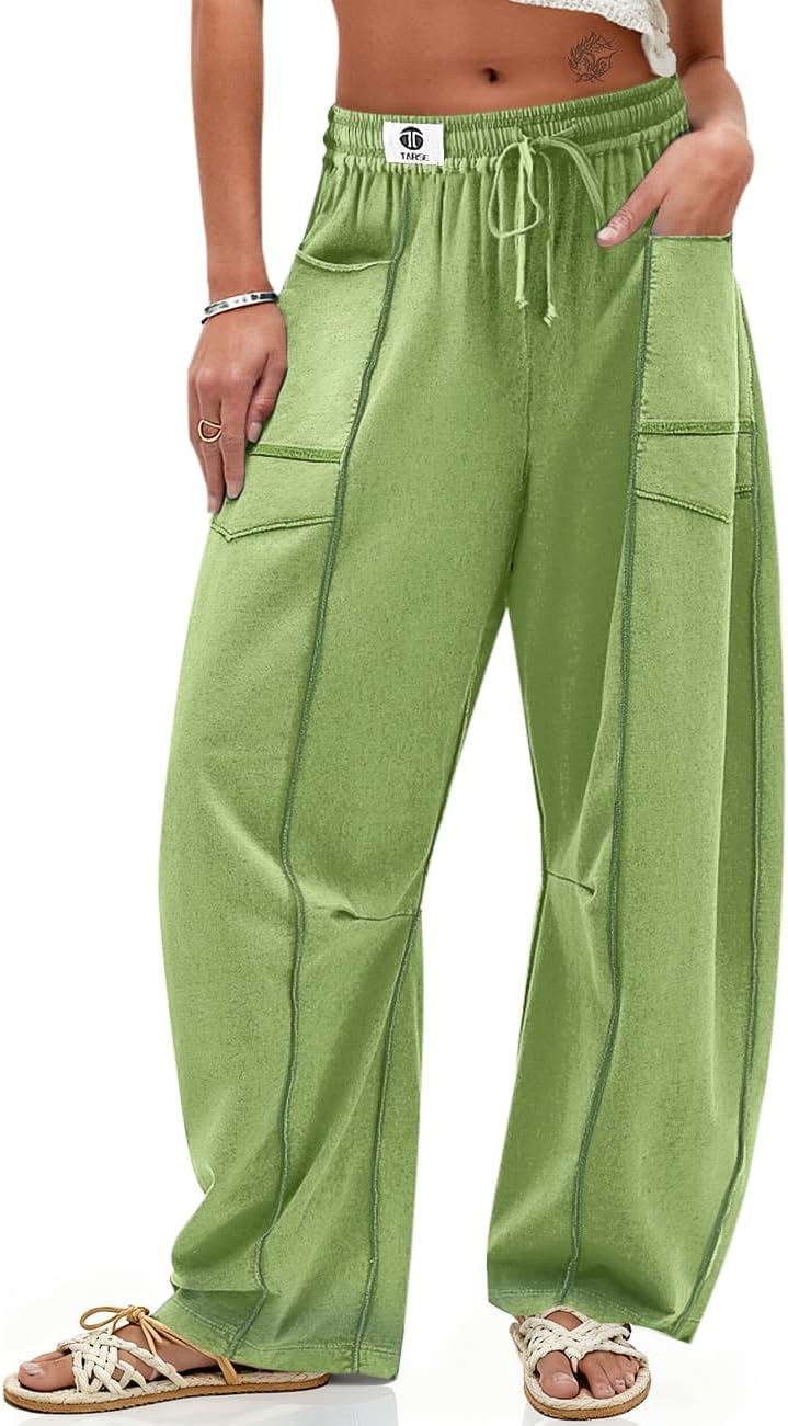 TARSE Womens Barrel Linen Pants High Waisted Harem Casual Loose Fit Wide Leg Baggy Drawstring Pants with Pockets