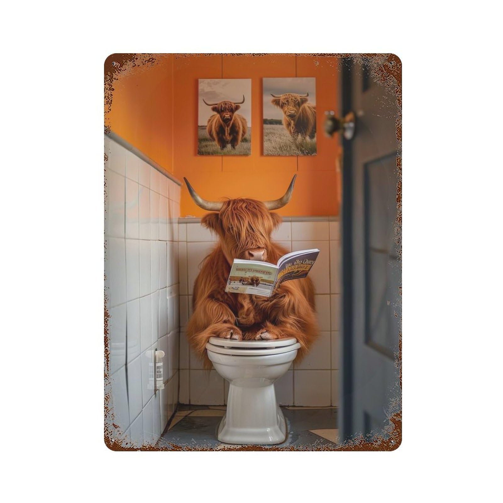 Highland Cow on The Toilet Decorative Tin Sign 15.7"x11.8", Industrial Home Decor for Garage, Pub Or Kitchen