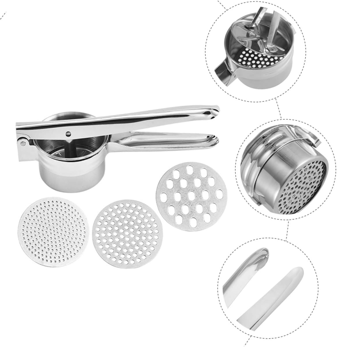 Stainless Steel Potato Ricer Multi-function Masher with Thickened Plate Ergonomic Non-slip Handle for Smooth Mashed Potatoes Vegetable and Fruit Puree Manual Kitchen Tool for