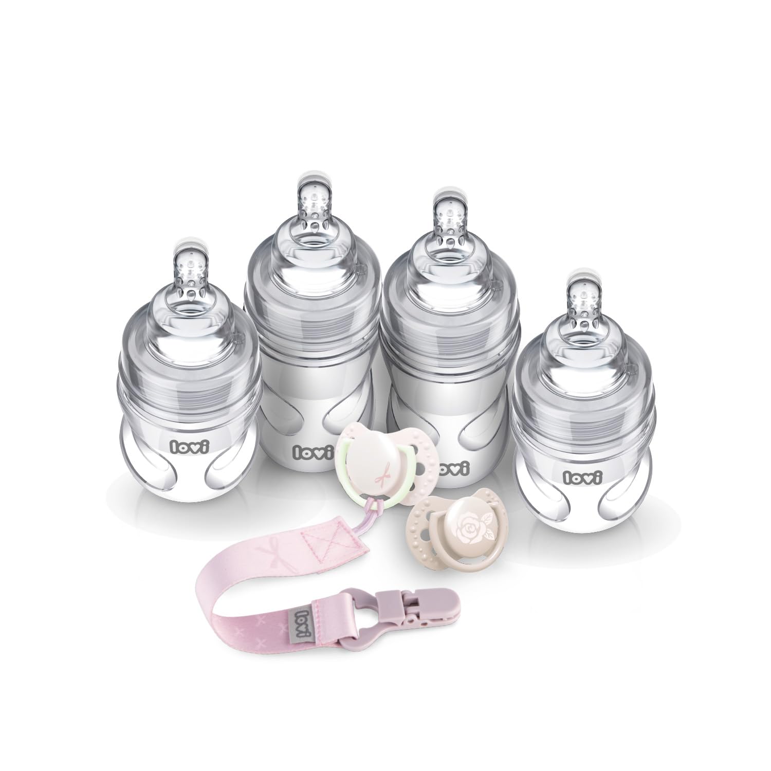 LOVI Baby Shower Geschenkset – 4 Babyflaschen (2 x 150 ml, 2 x 250 ml), Beruhigungssauger 0–2 M., Schnullerband, Set für Neugeborene (Girl)