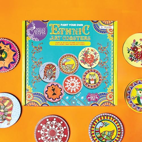 Image of Asian Hobby Crafts DIY Ethnic Coaster Painting Kit - 6 Pre-Marked Coasters, Paint & Brush | Warli, Madhubani, Gond, Indian Folk Art Kit for Kids & Adults (4-12) | Birthday Return Gift Craft Set