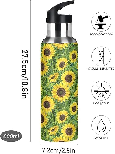 Miniatura 9 de BPA-Free Sport Water Bottle 20 Oz, Stainless Steel Water Bottle for Gym Outdoor Travel School, Sunflowers Green Leaves