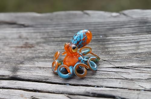 Miniatura 4 de Mini Blown Glass Octopus Figurine Handmade Orange and Blue Sea Creature Coastal Ocean Animal Decor Nautical Octopus Sculpture Small Glass