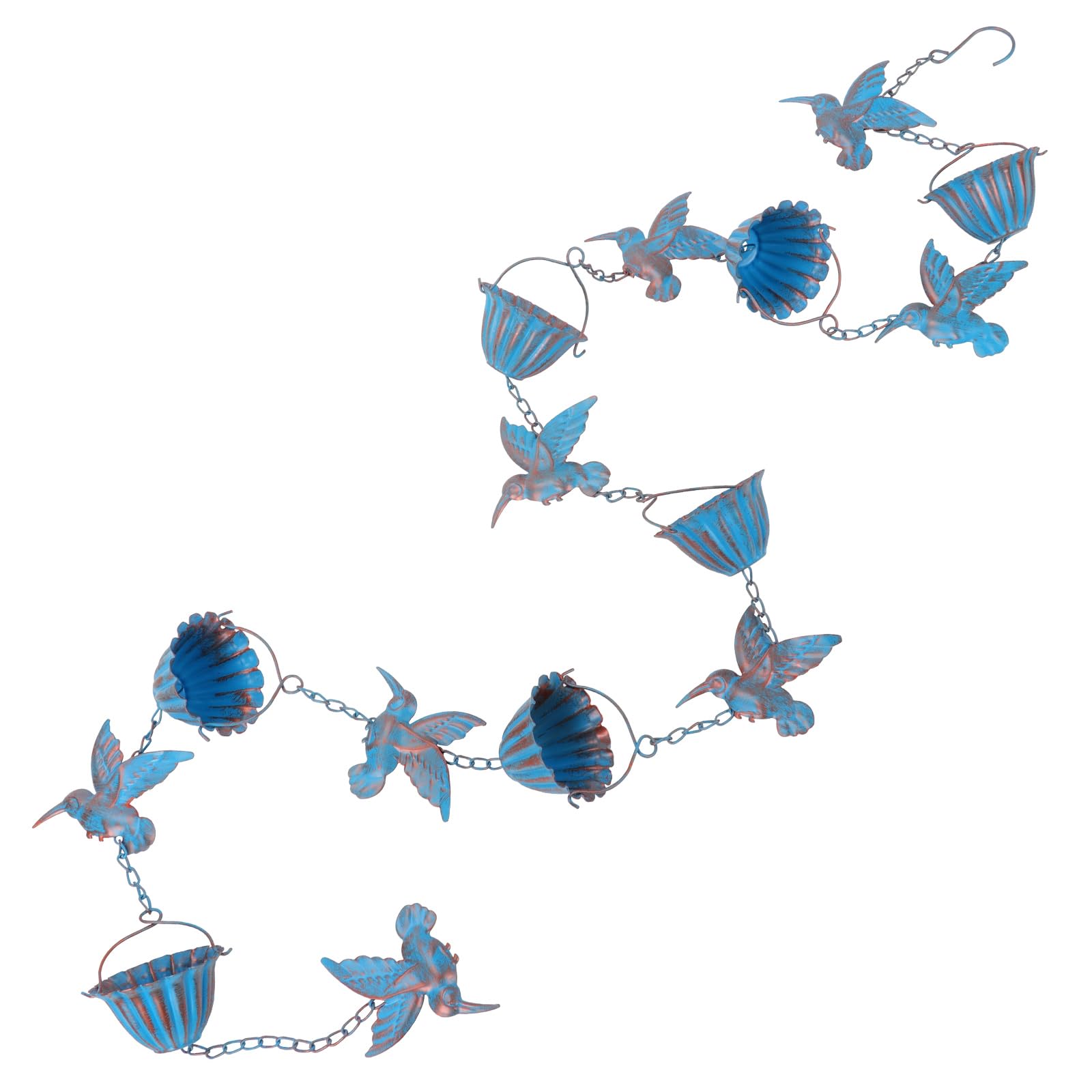 Tefola Chaîne de pluie de 2,4 m avec colibris – Chaîne d'évacuation des eaux pluviales en métal bleu rétro, 7 oiseaux et 7 coupelles pour gouttières, décoration de jardin et de maison