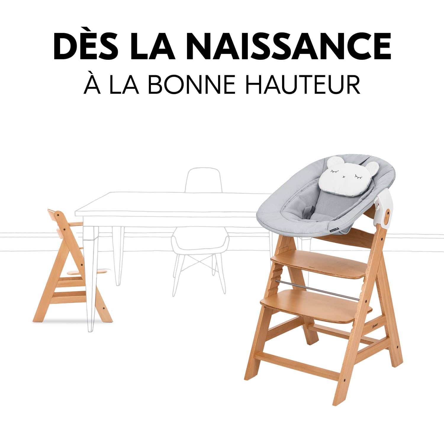 hauck Chaise Haute Bébé Evolutive en Bois Alpha Newborn Set Pre – dès la Naissance, Jusqu’à 90 Kg, Harnais 5 Points, Arceau de Sécurité et Réducteur Nouveau-Né, Naturel Gris