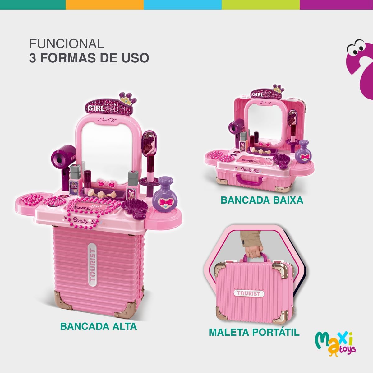 Bancada Penteadeira Infantil 3 em 1 Maleta 21 Peça Maxi Toys