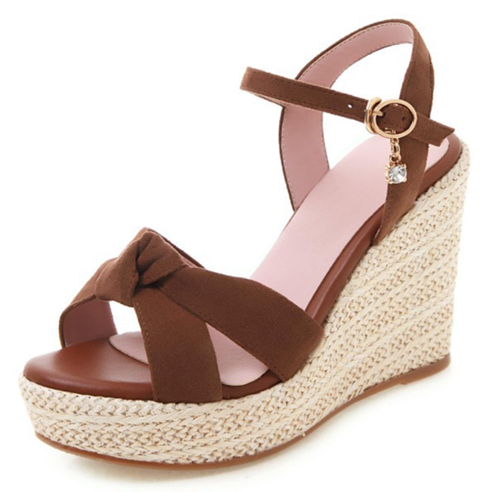 Sandales plateforme espadrille suédine compensées femme avec bride cheville nœud papillon bout rond