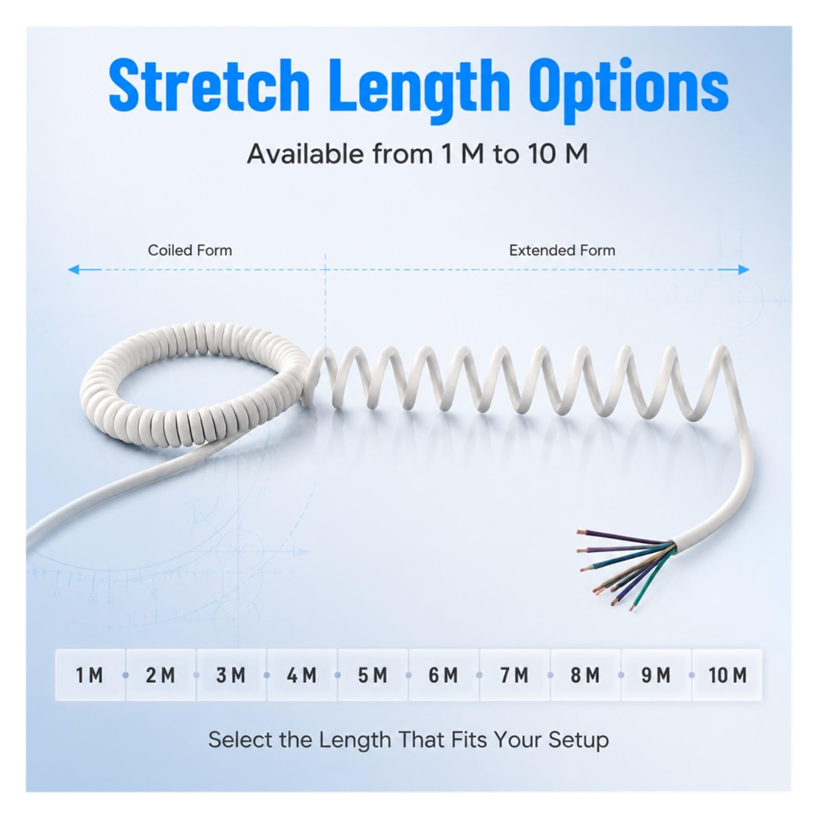 Cavo elettrico a spirale estensibile con cavo a molla a spirale a 8 nuclei | Cavo a molla bianco Filo 8 nuclei 26 AWG 0,15 mm² Stretch 1-10 metri Cavo telescopico a spirale(Stretch 6 meter)