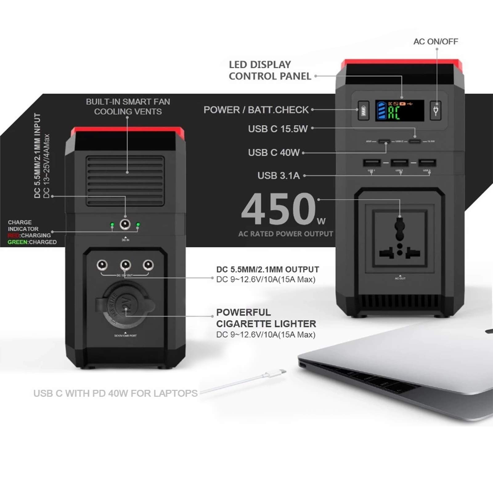 444Wh Generador Solar Portátil 450W Portátil Fuente Alimentación Batería Litio con Salida AC Onda Sinusoidal Pura Puertos USB DC para Exteriores Camping Hogar Emergencia