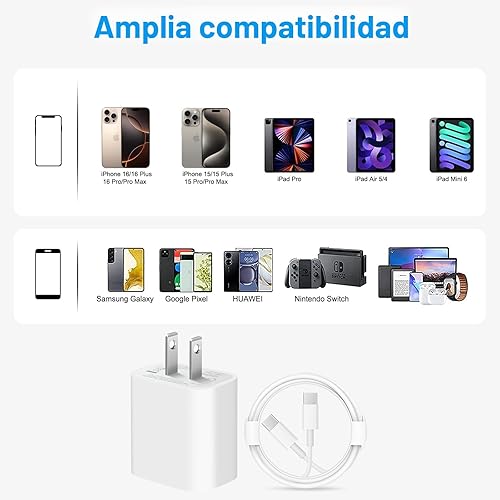 Miniatura 6 de Cargador para iPhone 17 16 15 de carga rápida - 2 paquetes, cargador de bloque USB C de 20 W con cable tipo C de 6 pies compatible con iPhone 17/17