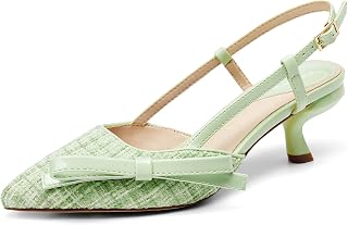 Women's Slingback Low Kitten Heels Closed Pointed Toe Bow Pumps Wedding Dress Shoes