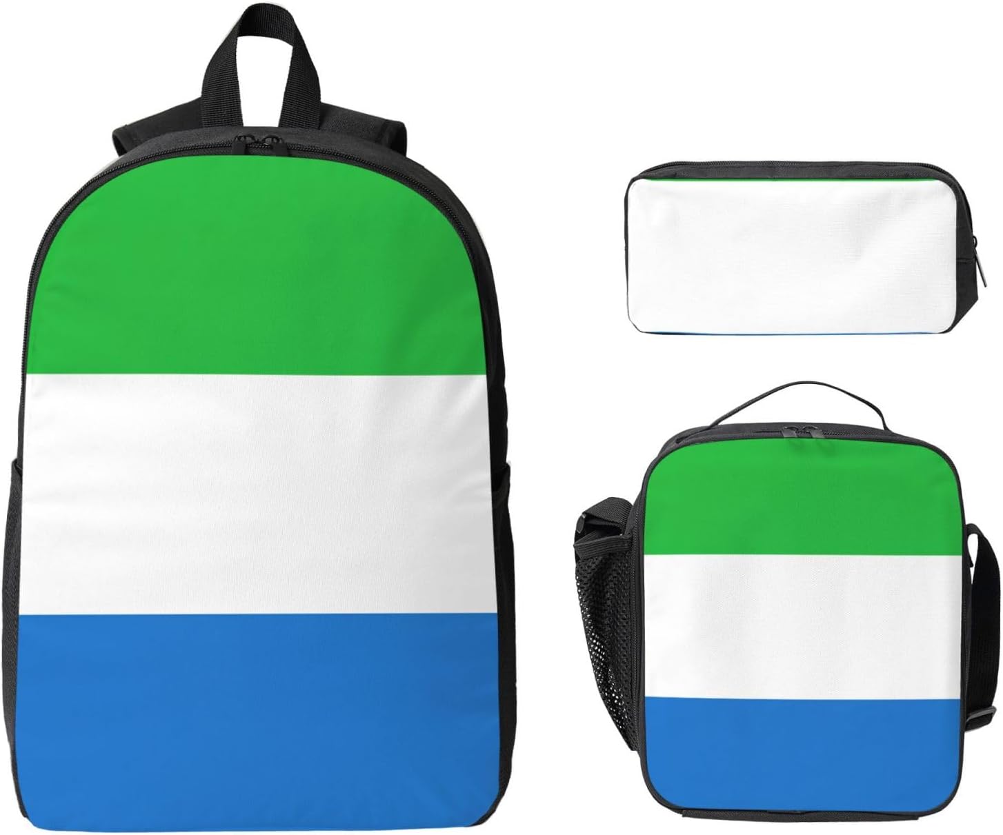 Sierra Leone flag print Shoulder Bookbags Lunch Bag and Pen Case 17 inches Backpack with Lunch Box, Cute Bookbag Set