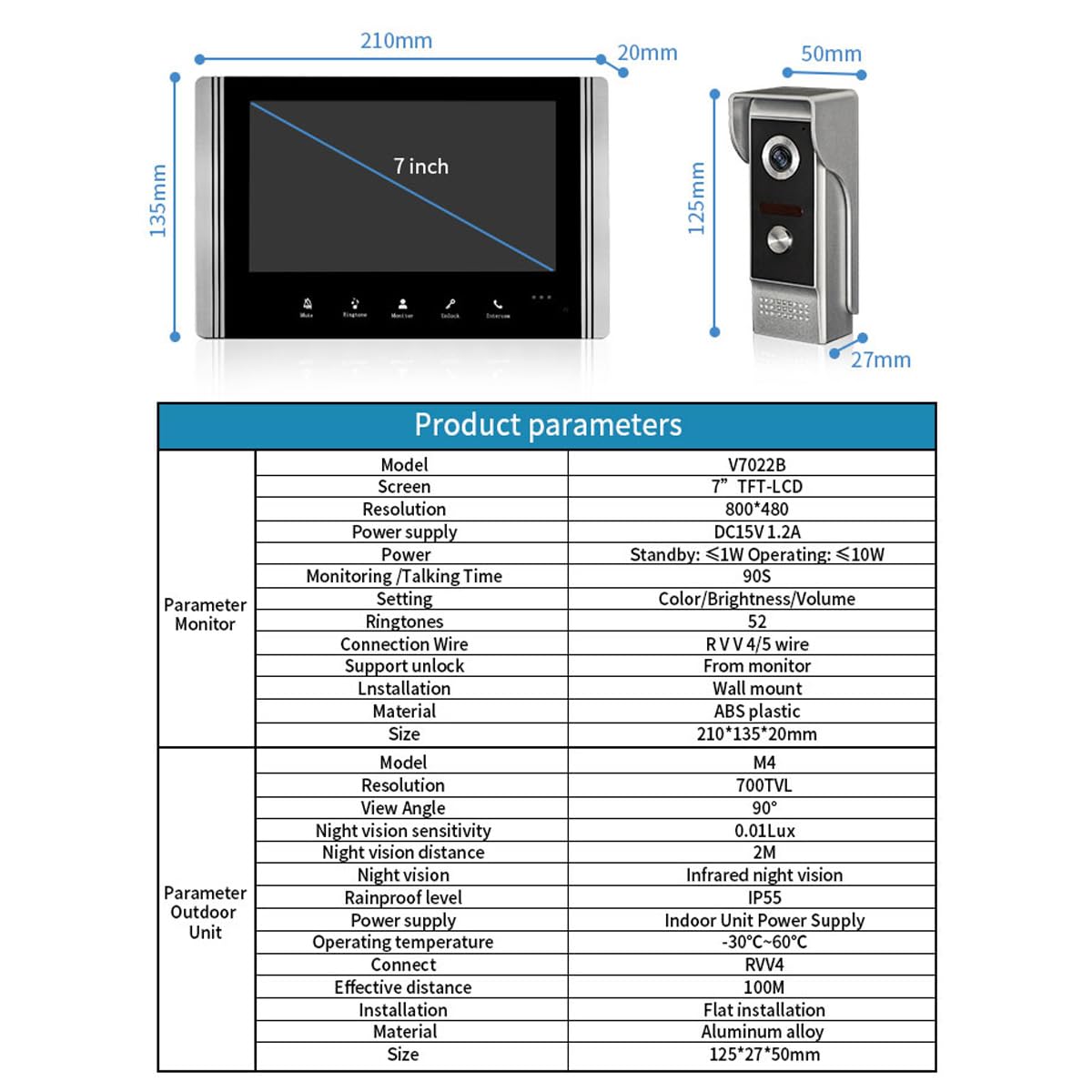 Interfono Video Cablato, Collegato A 4 Fili, Monitor Dotato Di Schermo Lcd Tft Da 7", Telecamera Per Visione Notturna Impermeabile, Sblocco Porta Di Monitoraggio, Audio Video Bidirezionale