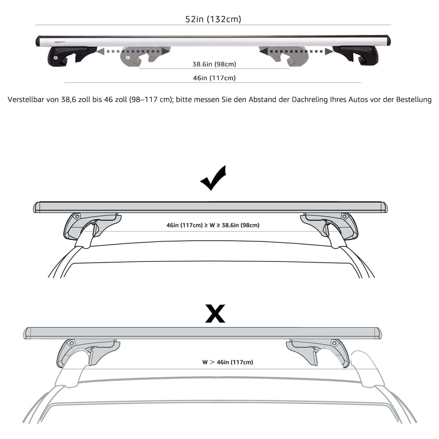 Amazon Basics Dachträger mit Querträger, 132 cm, für Spannweiten von bis zu 117 cm zwischen erhöhten Seitenschienen mit Spalt, 2er-Pack, Schwarz/Silber