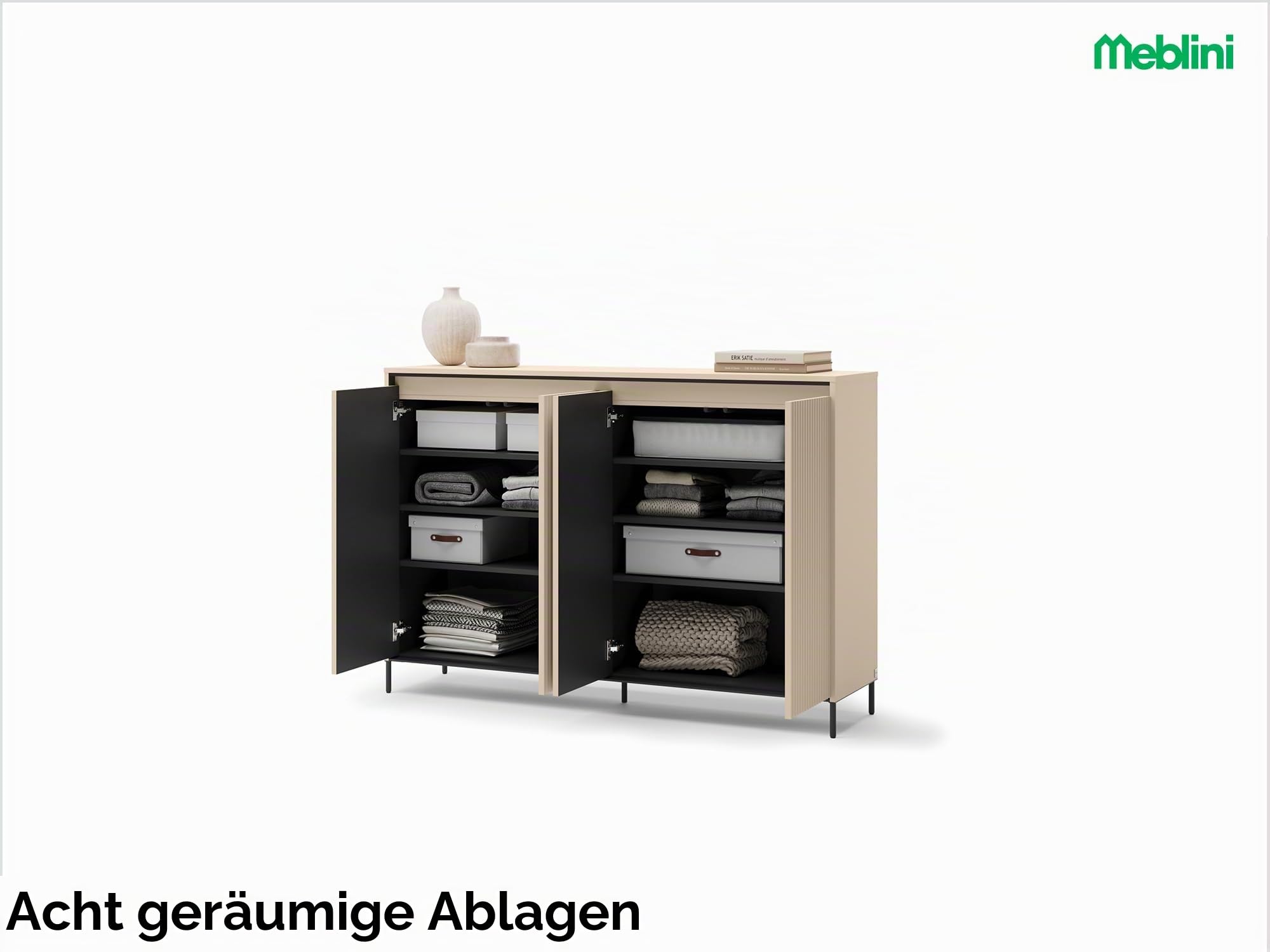 MEBLINI Garderobe Flur Möbel Set mit LED - Garderobenschrank Flur mitl Kommode - Garderobe Schrank - Flurgarderobe - Flurschrank hoch - Trend - Beige/Schwarz