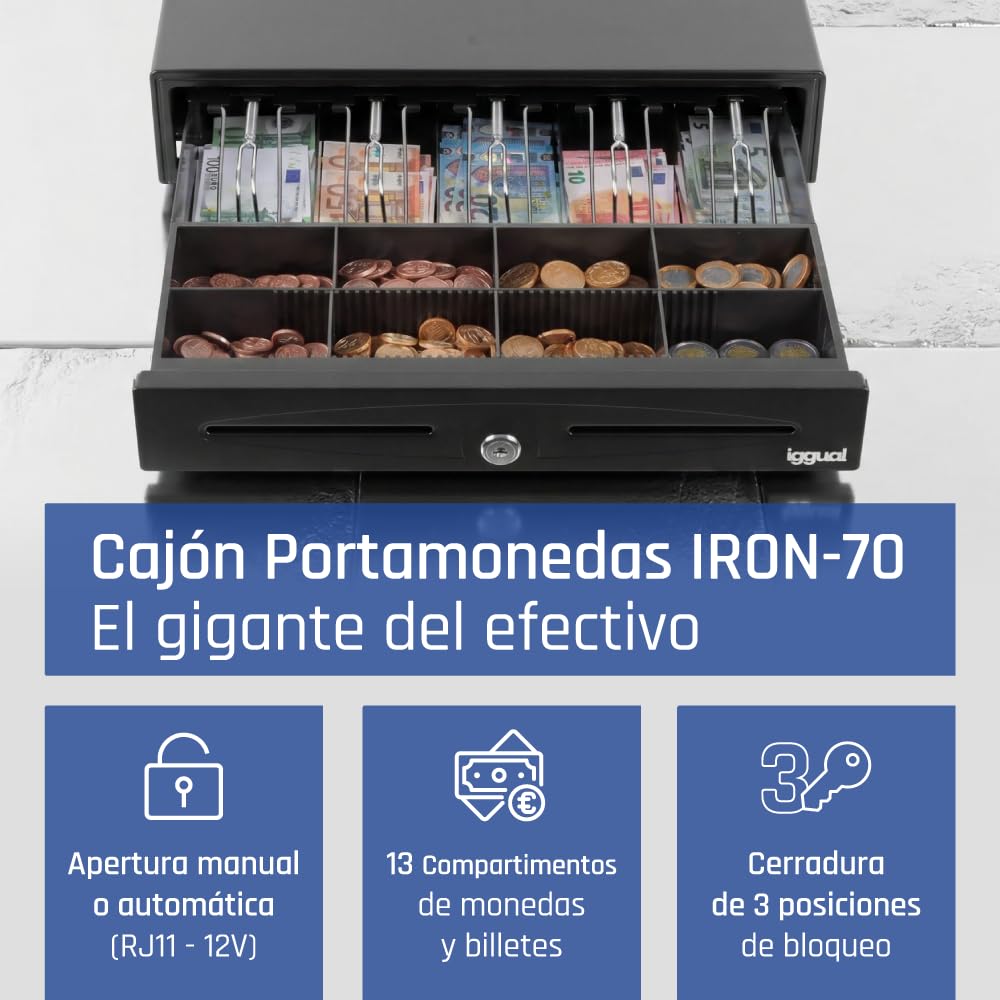 iggual -Tiroir-Caisse IRON-70 - Caisse Enregistreuse Manuelle ou Automatique pour 5 Billets et 8 Pièces - Serrure à 3 Positions - Matériau Acier+Plastique - Usage Professionnel -Noir (44,5 x 42,5 x 9)