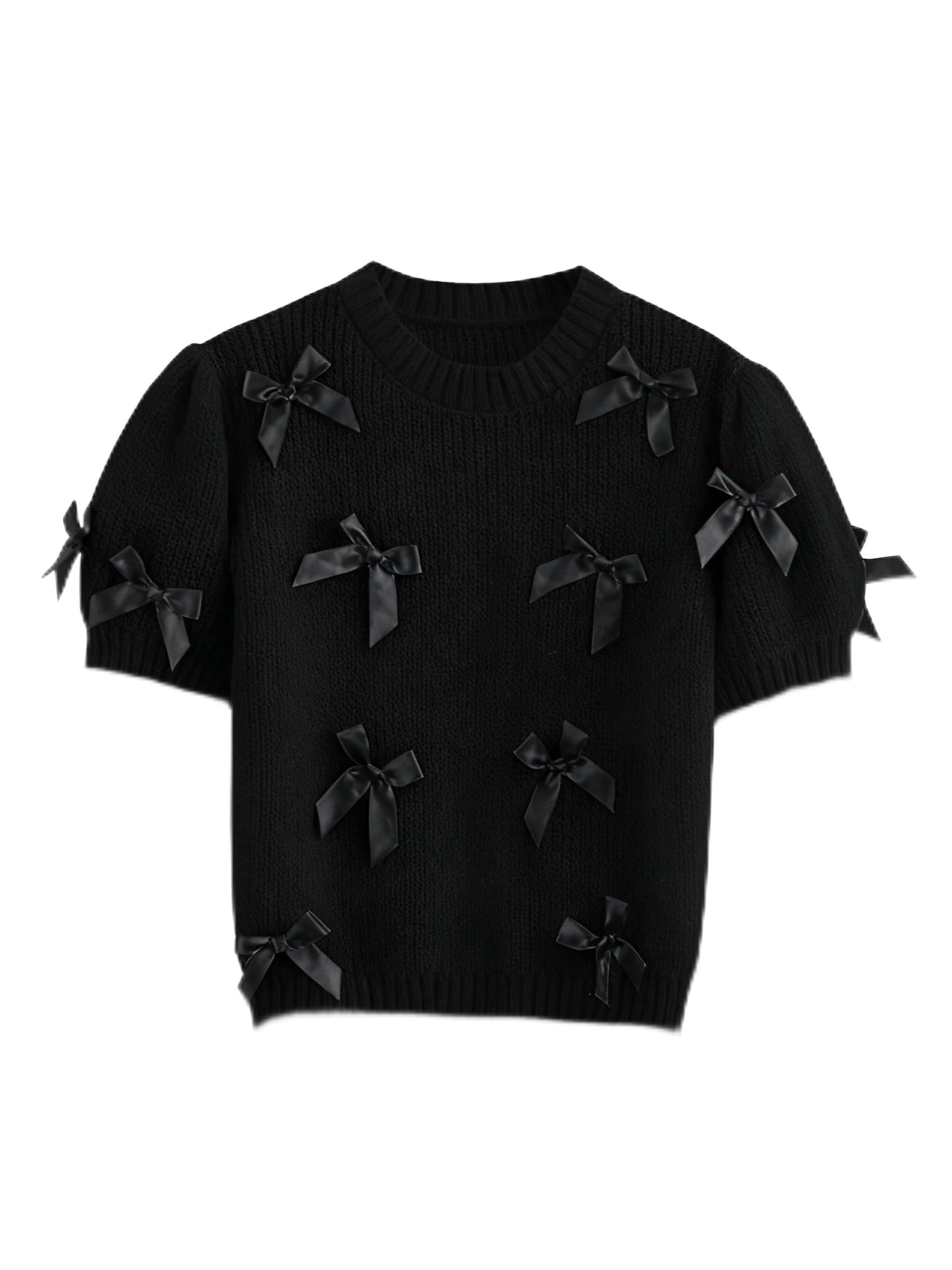 Women's Sweaters Knitted Crewneck Puff Bubble Short Sleeve Pullover Tops Casual Bow T Shirts Chic Blouses