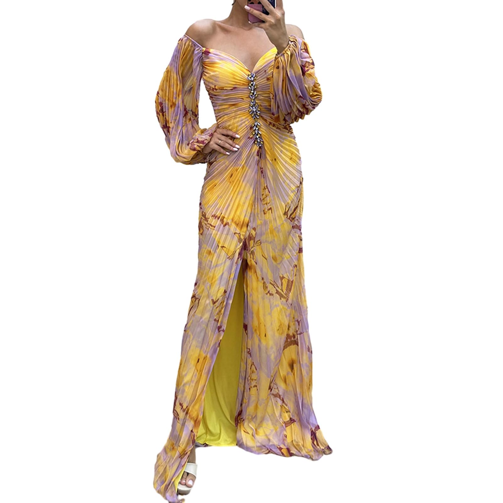 Abito floreale da donna, elegante, a maniche lunghe, con spalle scoperte, decorazione con strass, plissettato, maniche lunghe a lanterna, orlo diviso