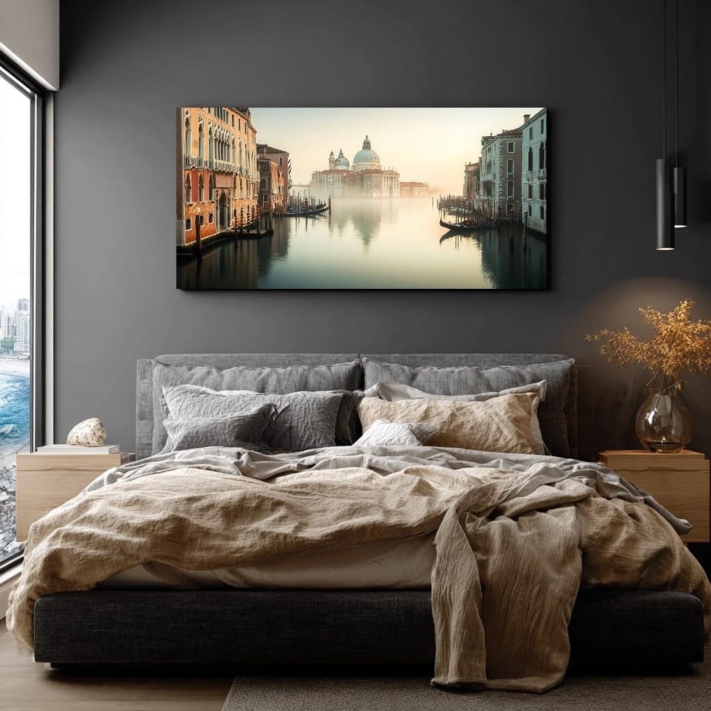 Generisch Leinwandbilder Modern Venedig Wandbild mit Rahmen Romantisch | Fluss Leinwand 60x120 cm, Retro Architektur Modern Wanddeko für Wohnzimmer Schlafzimmer Esszimmer Zimmer