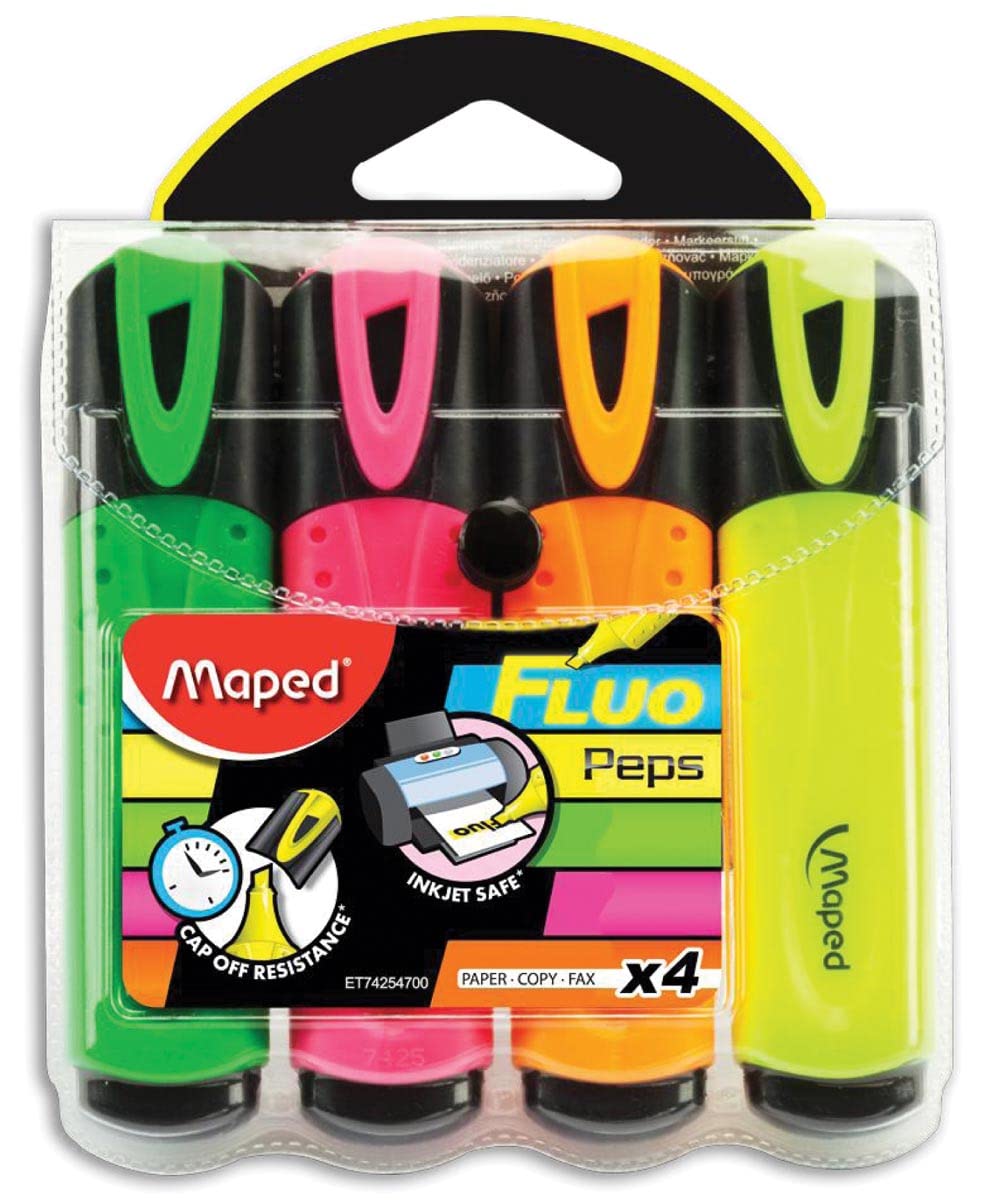 Fluo Peps Classic Highlighters, Assorted Colors, Pack Of 4 (742547)