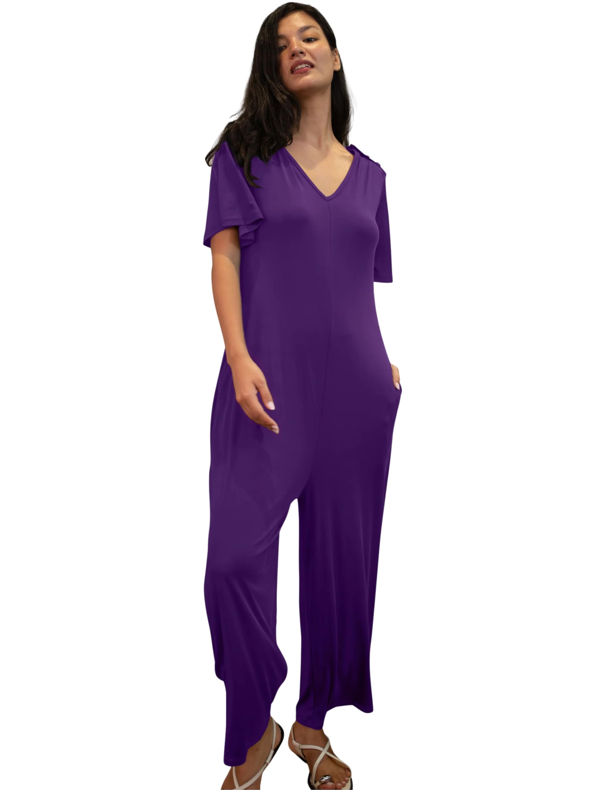 Enorsia Women's Purple Cotton Ankle Length Wide Leg Jumpsuit - Size 18