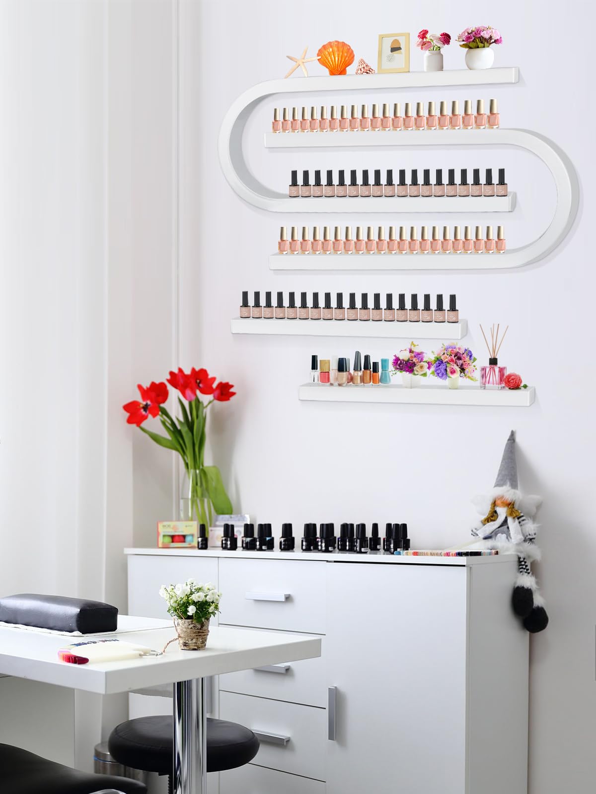Kalolary Étagère murale en métal en forme de U pour vernis à ongles, cosmétiques, rouge à lèvres, parfum, huiles essentielles, pour bouteilles de vernis à ongles, spa, salon de manucure