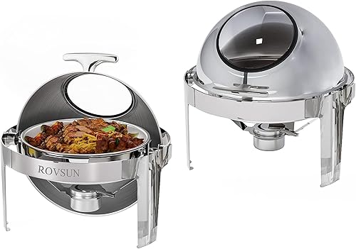 Miniatura 8 de ROVSUN Juego de bufé redondo de 6 cuartos de galón con parte superior enrollada, acero inoxidable para catering, calentador de alimentos con ventana