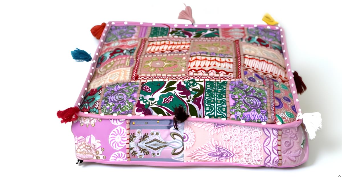 CRAFT KALA Indian Square Patchwork Traditional Pouf Cover Indian Living Room Poufs Decorative Embroidered Designer Ottoman Home Footstool Chair Cover Decor Pillow Cover 16x16x5 inches, Baby Pink — image 1