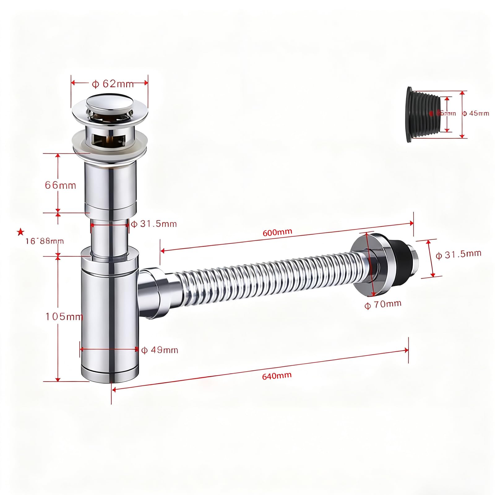 Sifón Fregadero Cocina Con Rebosadero,Válvula Click Clack,Altura Ajustable,Sifón Lavabo Flexible Cromado,Tubo De Desagüe Antiolor Antiobstrucción