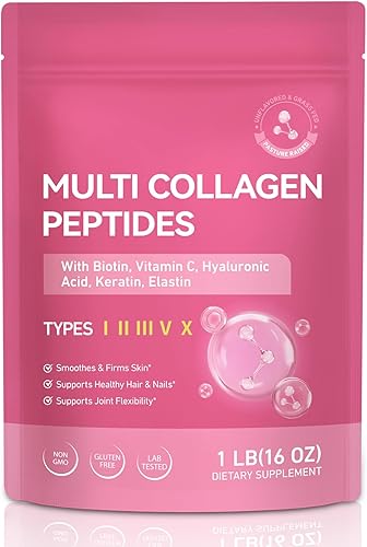 Polvo de péptidos de colágeno múltiple - Tipos I, II, III, V, X - 1 libra sin sabor - con biotina, ácido hialurónico y vitamina C - Keto y Paleo,